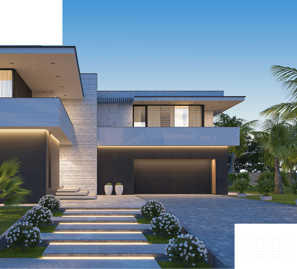 Modern house with landscaped front yard.